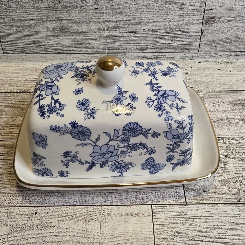 Grace Teaware Blue & White Butterflies & Floral Porcelain Small Butter Dish